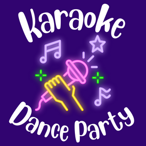 The words "Karaoke Dance Party" surrounding a hand holding a mic